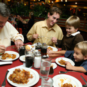 Scene of a family dining out at a family restaurant with shareholder benefits.