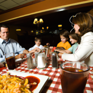 Scene of a family dining out at a family restaurant with shareholder benefits.