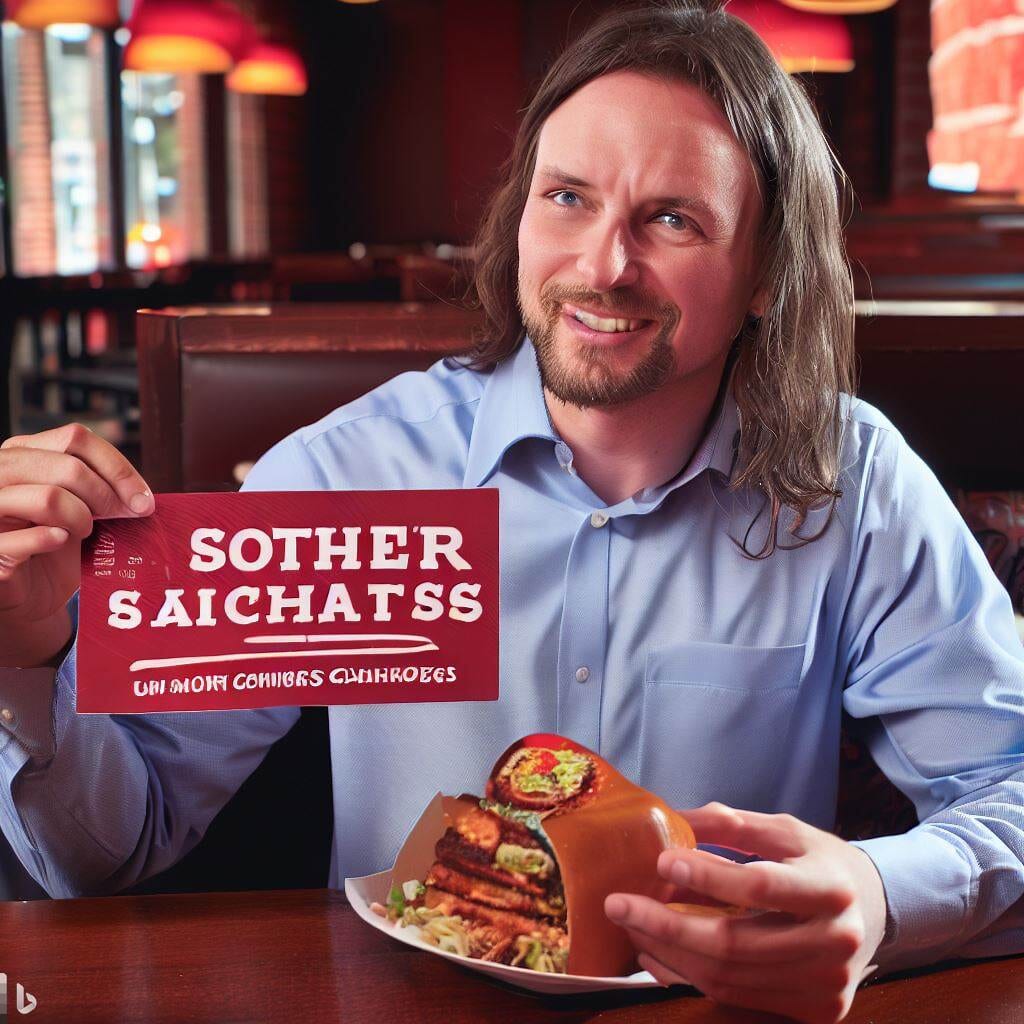 a man holding a sign and a plate of food