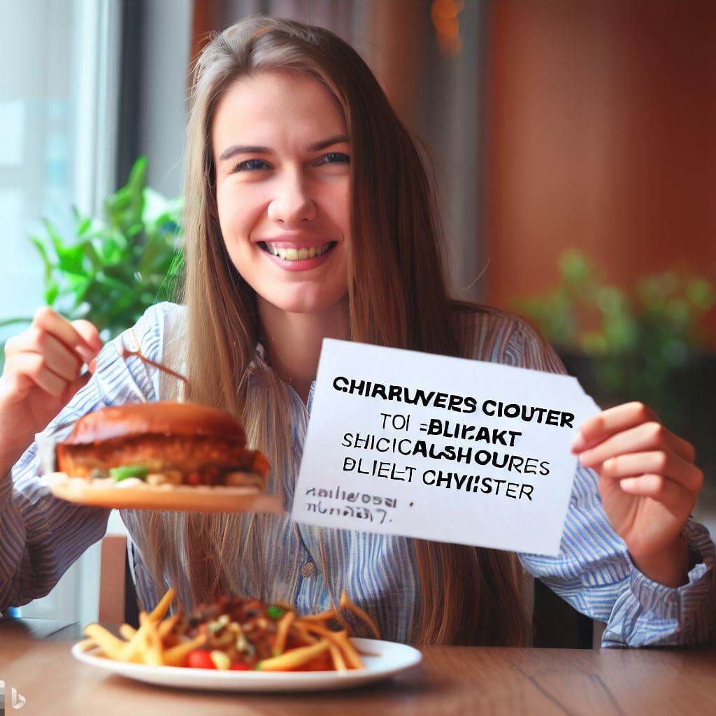 a woman holding a plate of food and a sign