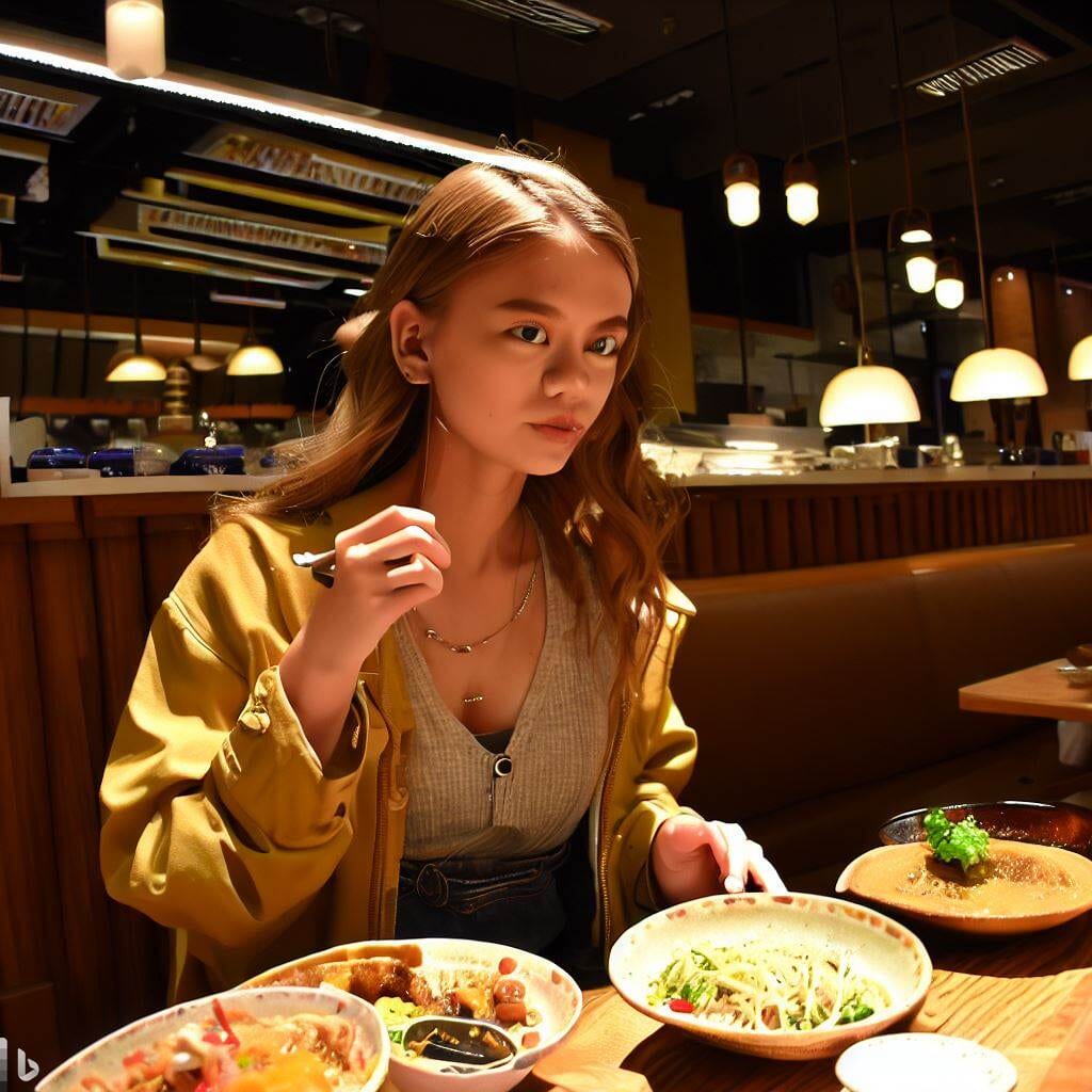 a woman sitting at a table with food