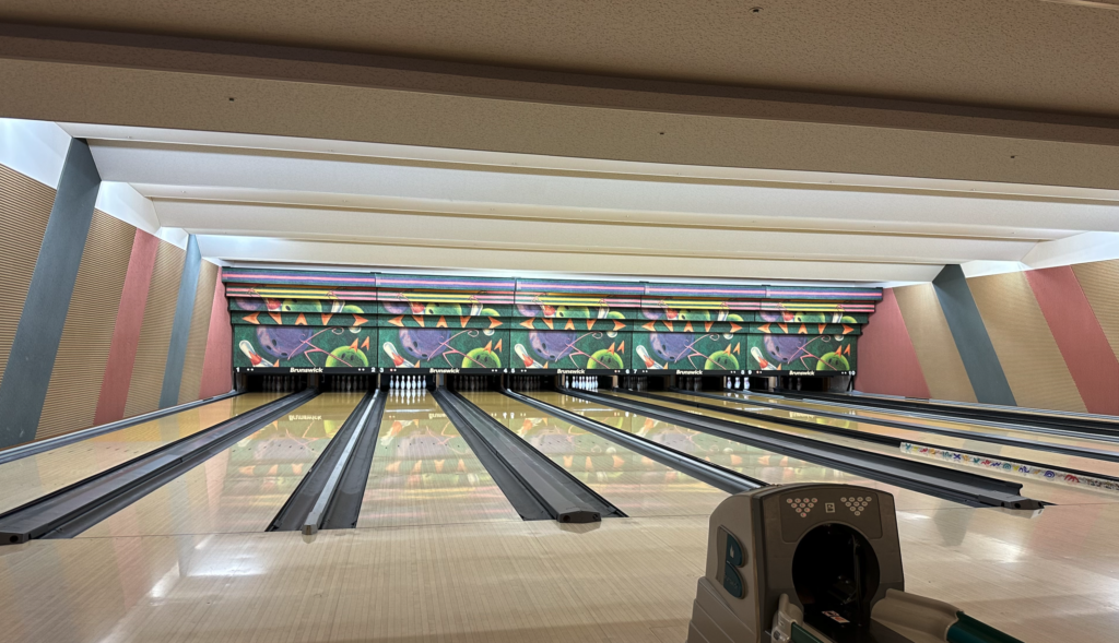 a bowling alley with bowling pins