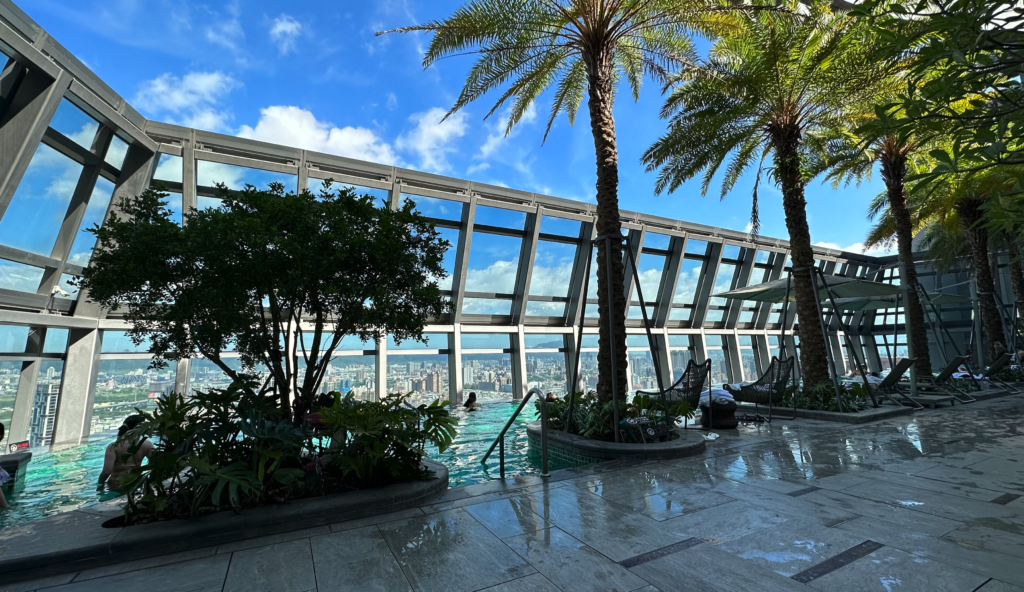 a pool with palm trees and a city view