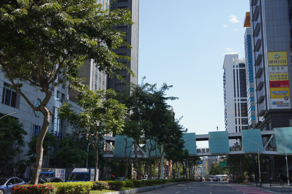 a street with trees and buildings