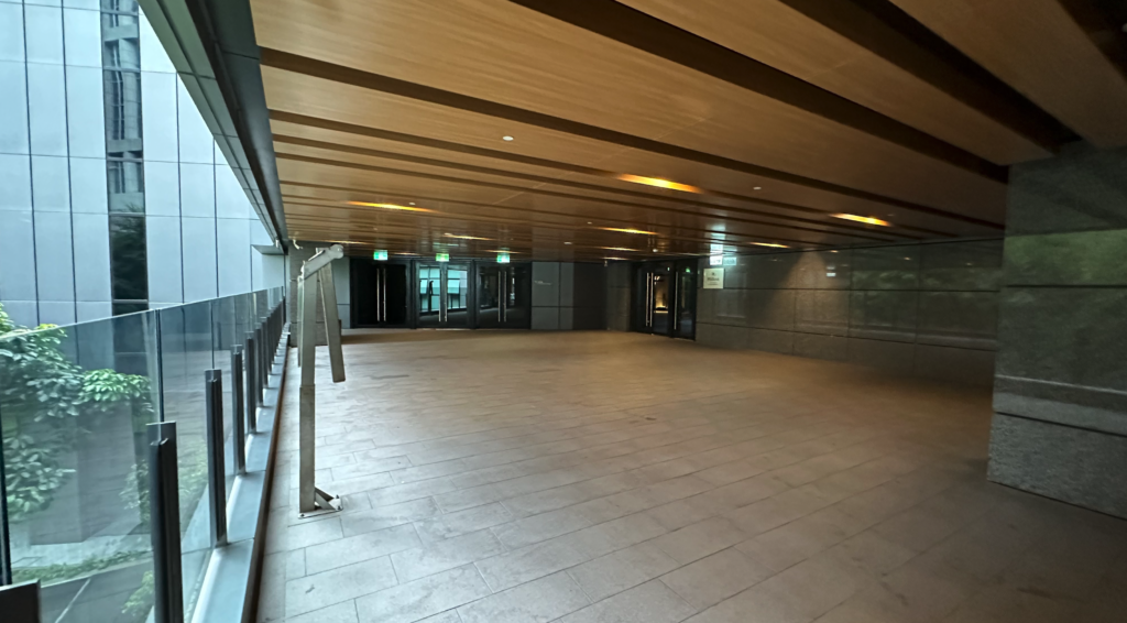 a large room with glass doors