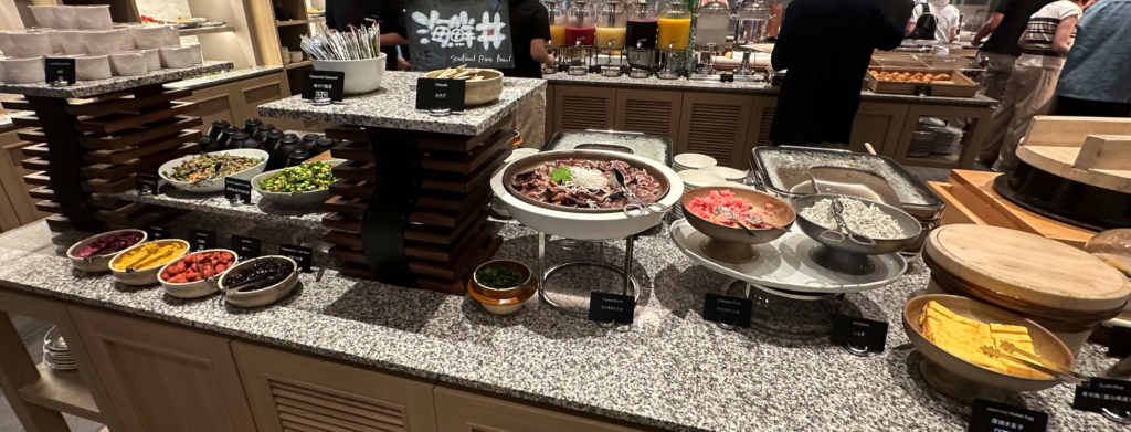 a buffet table with food on it